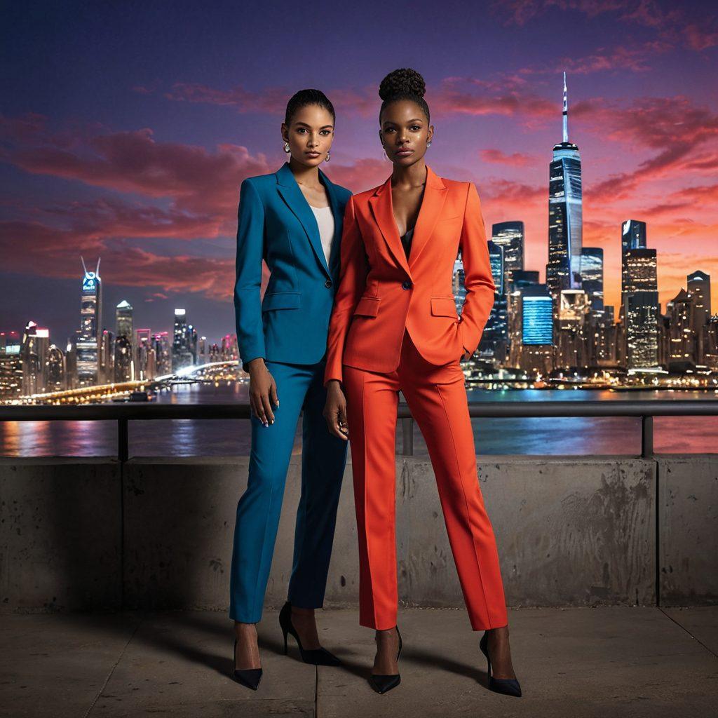 A dynamic scene showcasing a strong, confident woman wearing a power suit, standing tall in a modern urban setting, engaging in a power exchange with a partner, both expressing their roles through body language and attire. The backdrop features symbolic representations of feminine empowerment and dominance—like a city skyline infused with soft, glowing colors. Capture the essence of mutual respect and strength in their interaction. super-realistic. vibrant colors. urban background.